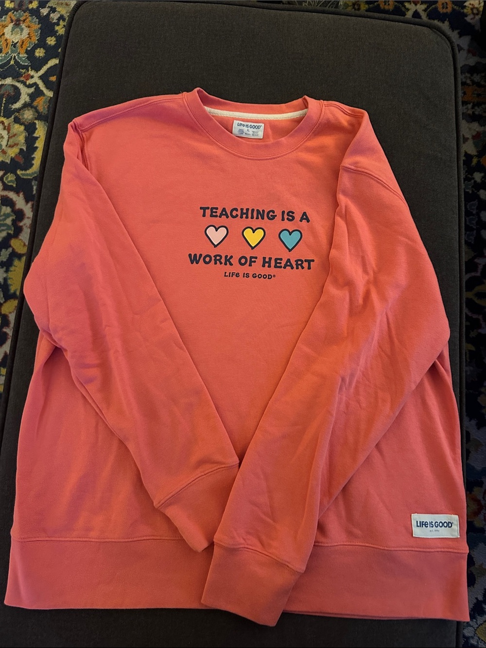 Life Is Good Coral Crewneck Sweatshirt with Multicolor Hearts